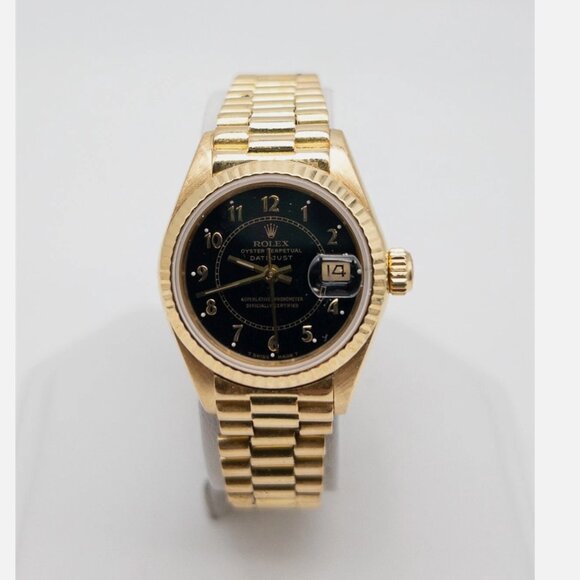 ROLEX Ladies President BLACK 18k Yellow Gold Watch OPEN PAPERS main image 4